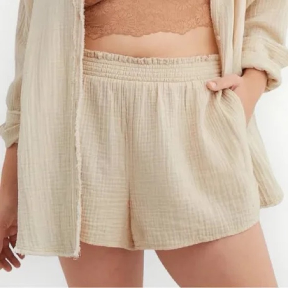 Aerie Pool To Party Gauze Shorts Cream High Waisted Boho Coastal Beach Linen, S - Picture 3 of 15
